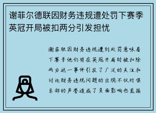 谢菲尔德联因财务违规遭处罚下赛季英冠开局被扣两分引发担忧
