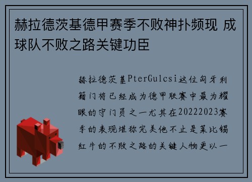 赫拉德茨基德甲赛季不败神扑频现 成球队不败之路关键功臣 赫拉德茨基德甲赛季不败神扑频现 成球队不败之路关键功臣