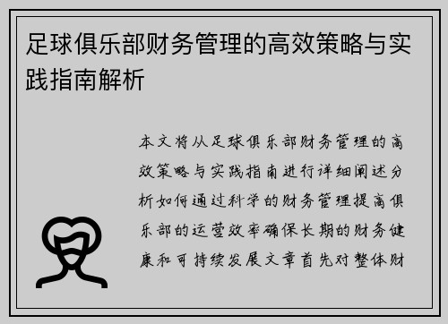 足球俱乐部财务管理的高效策略与实践指南解析