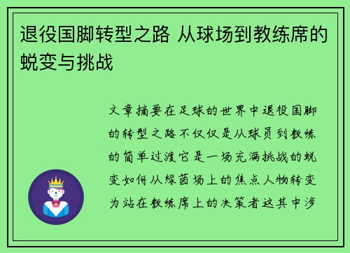 退役国脚转型之路 从球场到教练席的蜕变与挑战