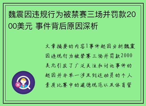 魏震因违规行为被禁赛三场并罚款2000美元 事件背后原因深析